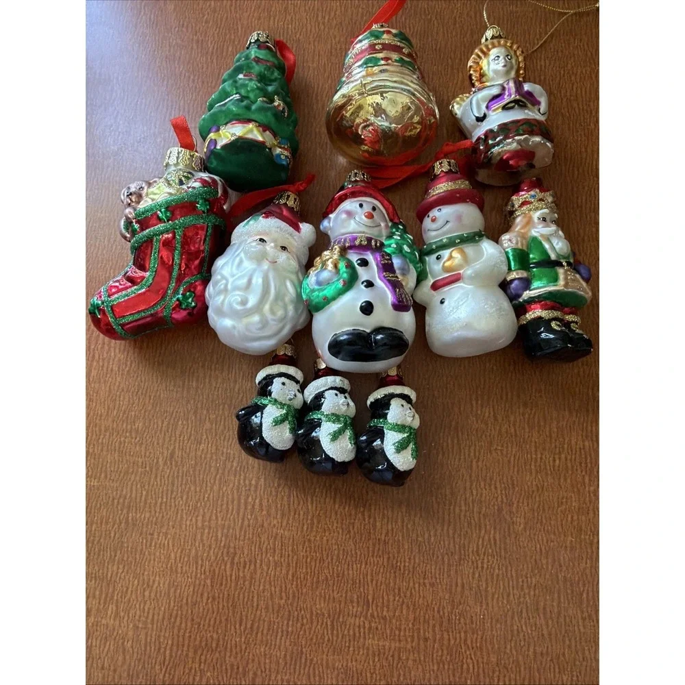 Vintage Snowman, Santa,‎ Stocking, Penguins Hand Blown Glass Ornaments Set Of 11